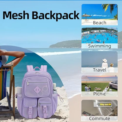 Purple Mesh Backpack for Girls Boys, Mesh Bookbags Heavy Duty Semi-Transparent School Bag for College, Travel, Beach, Swimming, Sports - color: Purple
