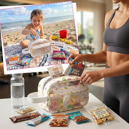 COSHAYSOO Clear SNACKS Bags Travel Pouch for Women Girls Cute Summer Beach Vacation Pool Lake Day Must Have Essentials, Teens Camp Gym Sports Park Trip Accessories Gift Bag Stuffers - color: Beige SNACKS