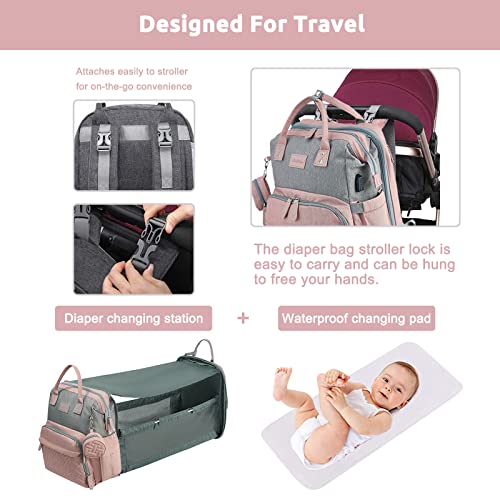 JOLLITO Baby Diaper Bag Backpack with Changing Station, Large Capacity, Stroller Straps and USB Charging Port, Baby Registry Search for Boys & Girls - color: Pink