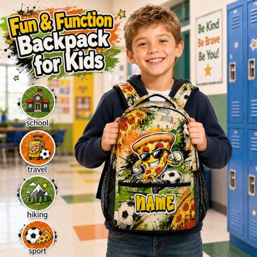 Custom Backpack for Kids Boys Personalized Soccer Bookbag for School Travel Hiking, Funny Pizza Backpacks Lightweight Casual Bag for Student - color: Red