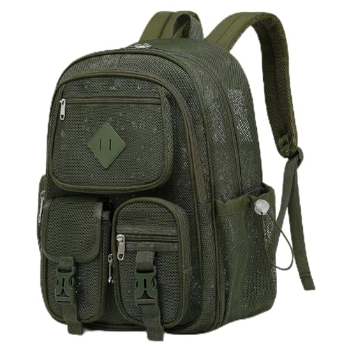 Mesh Backpack for Girls Boys, Women Mesh Bookbags Heavy Duty Semi-Transparent School Bag Net Back Pack for Travel, Beach, Swimming, Work - Army Green - color: Army Green