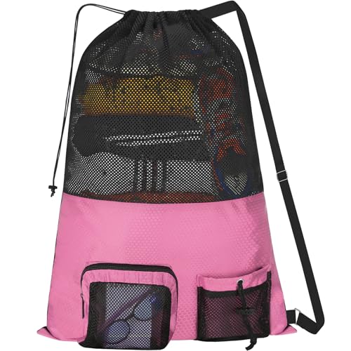 NATURAL STYLE Mesh Drawstring Gym Swim Beach bag, Large Waterproof Pool Sports Backpack for Swimming Gear Workout Yoga Travel - color: Pink