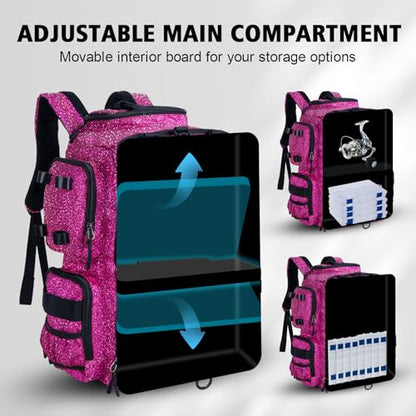 Goture Fishing Backpack, 900D Water-Resistant Tackle Backpack with Rod Holders, 45L Large Fishing Bag Storage Gear Tackle Bag with 8 Lure Pockets, Rain Cover for Camping Hiking(Without Tackle Box) - color: 45L Bling Pink with 8 Lure Pockets