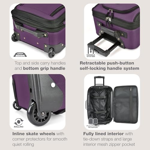 U.S. Traveler Rio Lightweight Softside Rolling Carry-on Suitcase, 2-Wheel Single, Purple - color: Purple, size: 21"