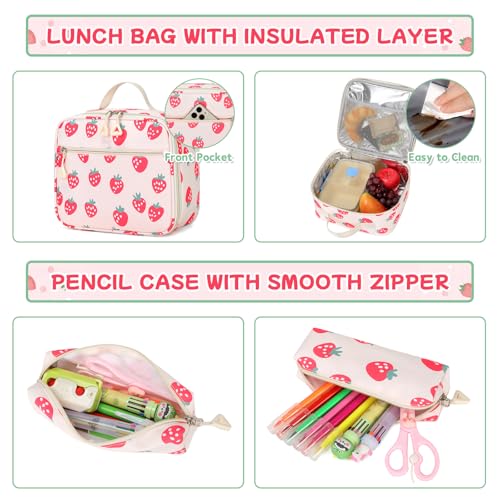 PIG PIG GIRL Backpack for Girls 3pcs Set Kids Backpack with Lunch Box Students Kawaii Book Bag for Elementary Primary Middle School Bags - Ita Backpack - Strawberry - color: Strawberry