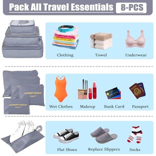 8 Set Packing Cubes for Travel Luggage Packing Bags Reusable Waterproof Suitcase Organizer Cubes Set with Shoe Bag and Toiletry Bag (Grey) - color: Grey