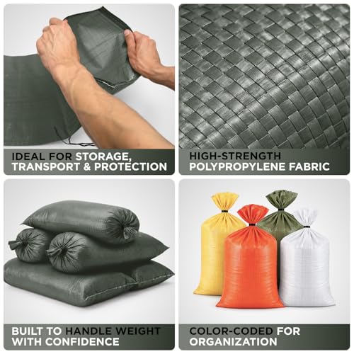 Heavy Duty Sand Bags Pack of 3, Army Green Empty Sandbags with Built-In Ties, Woven Polypropylene UV Protection 1600 Hours, Fillable Bags for Flood Control, Weight, 18x30 inches, 75 Pounds Volume - size: 18"W x 30"L, style: Pack of 3