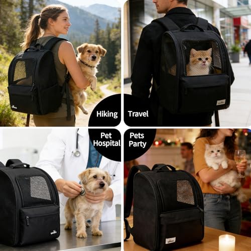 wakytu Cat Carrier Backpack,Steel Wire Frame More Stable,600D Wear-Resistant Oxford Fabric, Dog Carrier Cat Backpacks Suitable for Travel,Black - color: Black