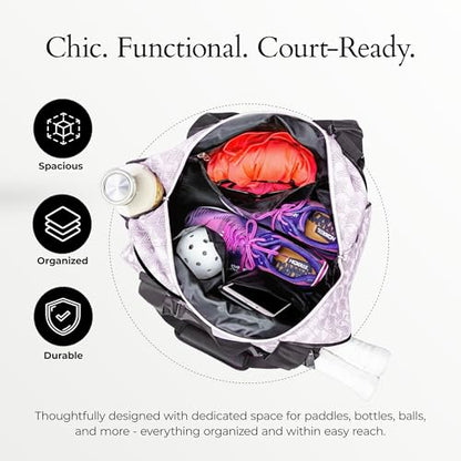 Pik’le’Ball Sport Premium Women's Pickleball Bag – Stylish and Versatile Sports Bag with Water Bottle Holder, Padded Paddle Pocket, and Spacious Design (fits 2+ Paddles!) - color: Court Couture White