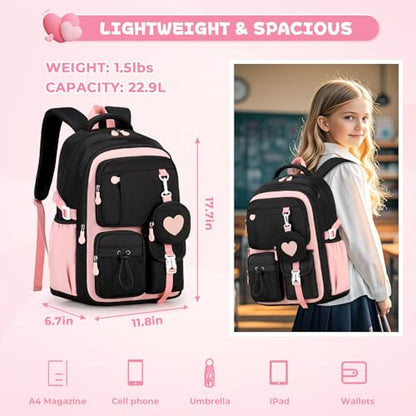 MOONBABY Girls Backpack, Kids Backpack for Girls, School bag for Primary Elementary Teenage, Middle School Students Bookbag - color: Black Pink