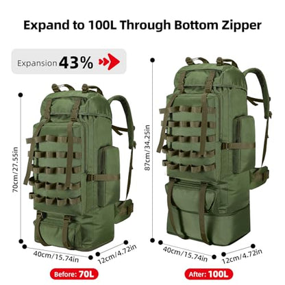 70L/100L Camping Hiking Backpack with Rain Cover, Expandable Large Military Tactical Backpack, Waterproof Molle Racksack Travel Backpacking Daypack for Climbing Trekking (Green) - color: Green