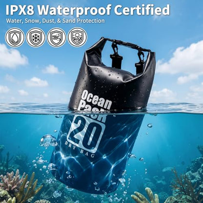 Waterproof Backpack 20L, Roll Top Closure Dry Bag Water Proof Black, Lightweight Floating Dry Bag for Kayaking Boating Hunting, Durable Hiking Backpack with IPX8 Waterproof Phone Pouch-Black, 7" - color: Black dry bag 20L + Phone pouch 7"