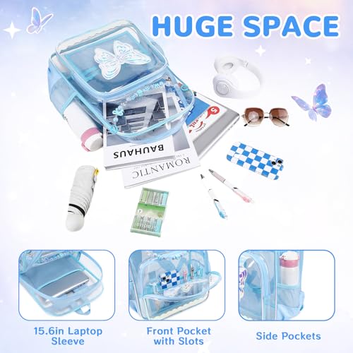 MUSEVOS Clear Backpack for School, Clear Bookbag for Girls PVC Heavy Duty Transparent Backpack, Blue Butterfly - color: Blue