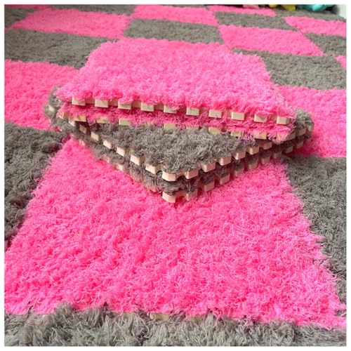 Thickened Plush Foam Interlocking Floor Carpet Mat,24 Piece 12x12in Fluffy Square Puzzle Foam Carpet Tiles with Edgings,Soft Anti-Slip Shaggy Area Rug Playmat(Color:Rose red+Grey) - color: Rose Red+grey