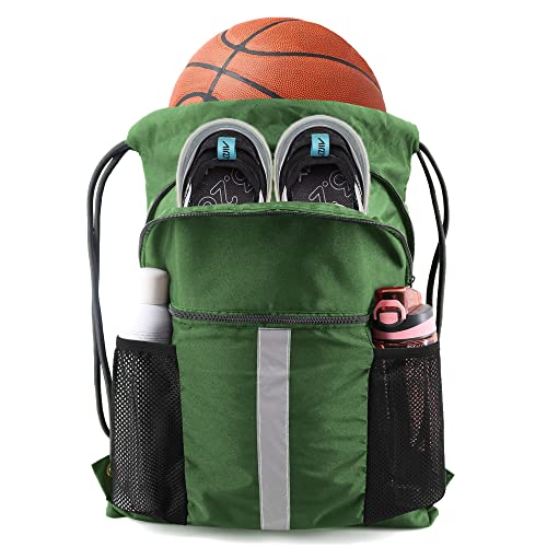BeeGreen Drawstring Backpack Bag with Shoe Compartment, X-Large Black Gym Sports String Cinch Backpack - color: Dark Green