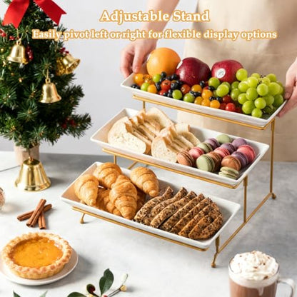 LYEOBOH 3 Tier Serving Stand and Platters Set Large Tiered Serving Platters with Collapsible Sturdier Rack 14 Inches Tiered Serving Tray for Appetizer Fruit, Dessert and Cupcake, White - color: Gold, style: 14inch Rectangle platter