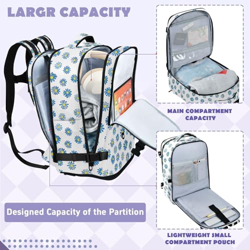 Travel Backpack with Shoe Compartment, 20L Large Capacity Laptop Backpack for Men Women, Blue Daisies Daypack for Traveling Hiking Carry On