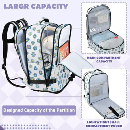 Travel Backpack with Shoe Compartment, 20L Large Capacity Laptop Backpack for Men Women, Blue Daisies Daypack for Traveling Hiking Carry On