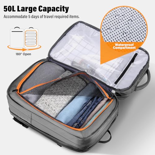 HOMIEE Carry On Luggage 22x14x9 Airline Approved 50L Travel Backpack, Extra Large Expandable Laptop Backpack, Black (Grey) - color: Grey