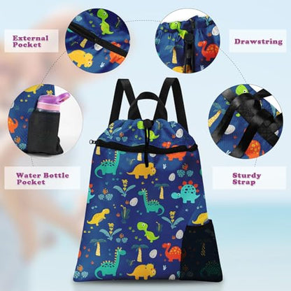 Blue Dinosaur Drawstring Backpack, 15” x 17” Waterproof Swim Bag for Beach Swimming Pool, Lightweight Foldable Gym Bag with Water Bottle Holder for Sports Travel - color: Blue Dinosaur
