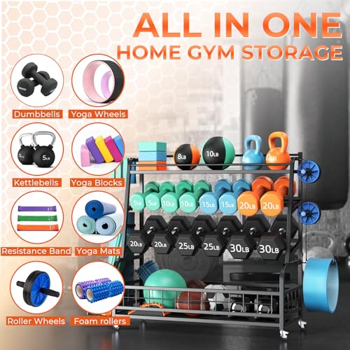 4-Tier Dumbbell Rack Weight Stand - Adjustable Weight Rack,Home Gym Storage for Dumbbells Kettlebells Yoga Mat and Balls, All in One Workout Storage with Wheels and Hooks,Powder Coated Finish Steel