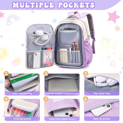 Kids Backpack for Girls,Preppy Bookbag for Elementary & Middle School Students,Cute School Bag with Large Capacity,18 Inch,Purple - color: Purple White