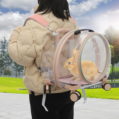 Pet Carrier with Wheels, Clear Cat Carrier Pet Trolley Case Pet Backpack with Multiple Ventilation Holes for Cats and Dogs, Pink - color: Pink Cat Carrier