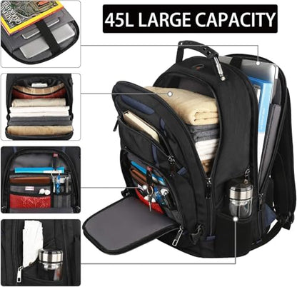 17.3 Laptop Backpack for Men Women, Extra Large Travel laptop Backpack with Rain Cover, TSA Friendly Flight Approved with RFID Anti Theft Pocket, Water Resistant School BookBag - color: Black-blue, size: 17inch(19.0 *14.6*10")