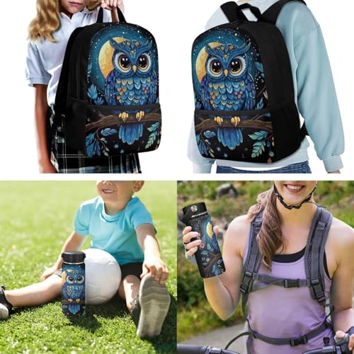 ZOUTAIRONG Blue Owl Print Backpack for School Mini Thermos School Bags for Girls Boys 7-10/10-12/12-16, Fashion Casual Backpack with Side Pockets - color: Blue Owl