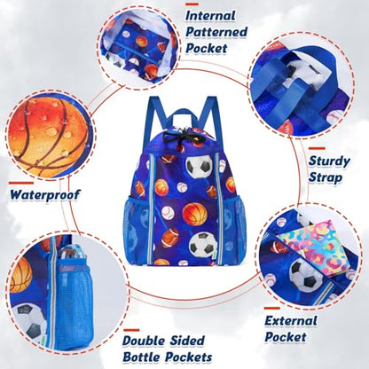 WAWSAM Kids Gym Drawstring Backpack String Bag, Ball Sports Gym Bag for Kids Boys Waterproof Swimming Beach String Cinch Backpack with Two Water Bottle Pocket - color: Ball