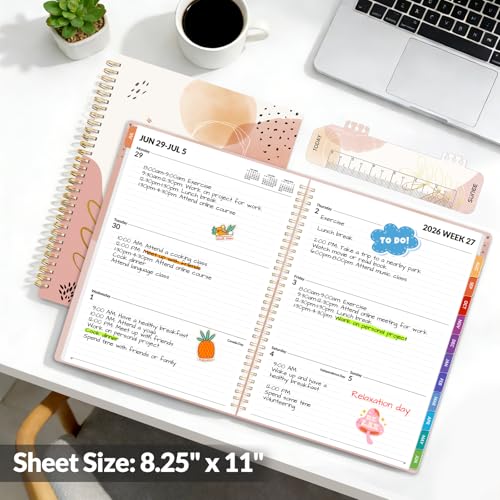 SUNEE Academic Planner 2026-2027 – Weekly & Monthly Planner, July 2026 to June 2027, 8.5"x11", Thick Paper, Tabs, Pockets, Bookmark, Spiral-Bound, Student Teacher Organizer, Blushing Abstract Breeze - color: Pink Breeze