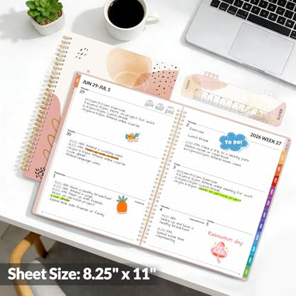 SUNEE Academic Planner 2026-2027 – Weekly & Monthly Planner, July 2026 to June 2027, 8.5"x11", Thick Paper, Tabs, Pockets, Bookmark, Spiral-Bound, Student Teacher Organizer, Blushing Abstract Breeze - color: Pink Breeze