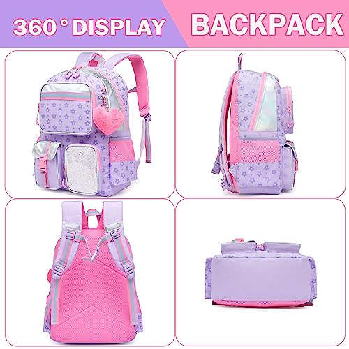 Meetbelify Aesthetic Backpack for Girls - School Backpack with Lunch Box for Elementary to Teen Girls, Cute School Bag, Purple - color: Star Purple 3pcs