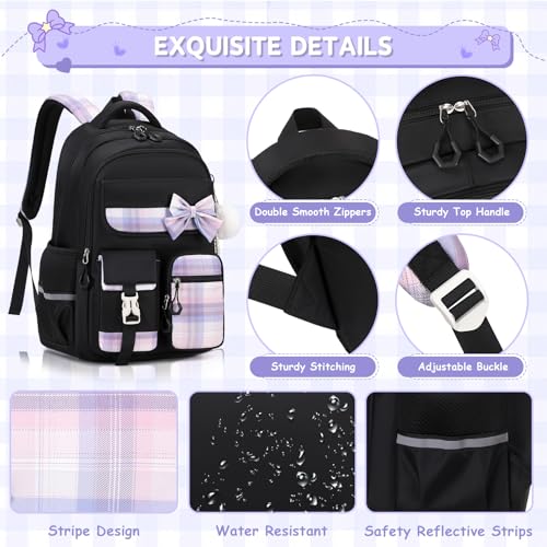 Girls Backpack, Kids Backpack for Girls School Bags with Pen Case, Bow Plaid Book Bag for Elementary Middle Primary High School College, Black-2pcs - color: Black
