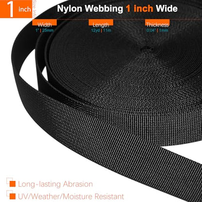 1 inch Straps and Buckles Set: 12 yard Nylon Webbing Strap 1" Wide, 10 pack Side Release Plastic Buckle, 20 pcs Tri-glide Slide Clip, Heavy Duty Quick Snap Fastener Dual Adjustable No Sewing Required - size: 1" x 12 yd Strap + 10 pack Buckles