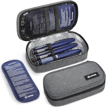 AUVON Insulin Cooler Travel Case with 2 x 160g Ice Packs, 10–11 Hour Cooling, Compact Insulated Diabetic Medication Bag Fits 3–4 Insulin Pens & Diabetic Supplies, 8.27 x 4.33 x 2.56 in, TSA-Friendly