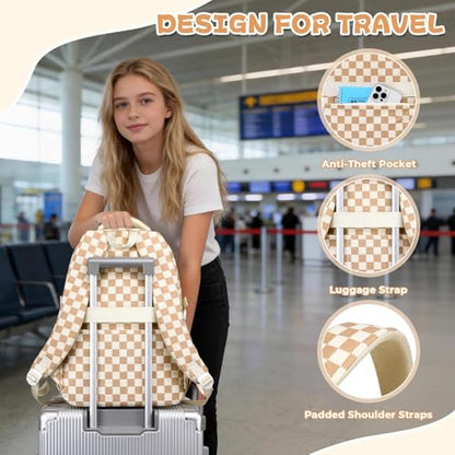 MOONBABY Girls Backpack, Kids Backpack for Girls, School bag for Primary Elementary Teenage, Middle School Students Bookbag - color: Brown Check