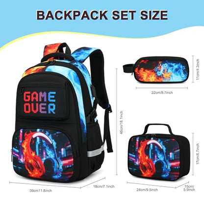 3PCS School Backpack for Boys, Cool Gamer Boys Backpack with Lunch Box and Pencil Case for Kids Kindergarten Teens Elementary Middle School Bag with Convenient Charging Port,Gaming Bookbag Waterproof - color: Red & Blue Flame Headphones