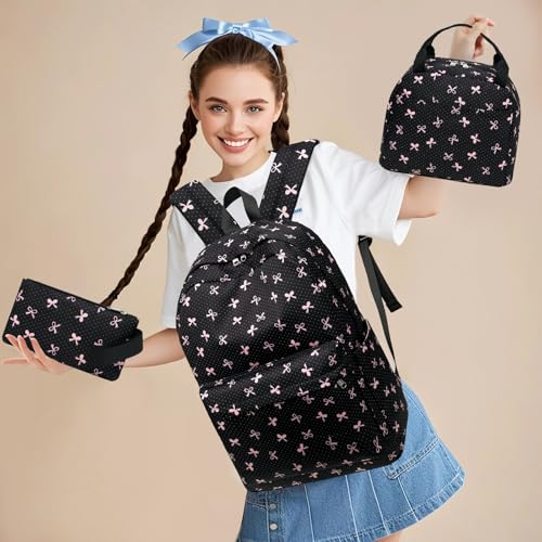 LEDAOU Backpack for Girls School Bag Kids Bookbag Teen Backpack Set Daypack with Lunch Bag and Pencil Case | Kids - color: Black-bow Tie