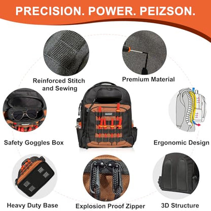 Tool Backpack for Electricians, HVAC, Technicians & Mechanics. Professional Tool Back Pack Bag with 4 Compartments, 39 Pockets, 31 MOLLE Loops, and Safety Goggles Box