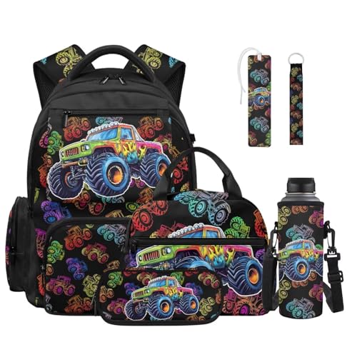 Talayituse Colorful Tractor Print School Bag Set 6 Piece Backpack with Lunch Box Pencil Pouch Water Bottle Sleeve, Elementary, Middle & High Bookbag Set with Adjuatable Strap - color: Colorful Tractor