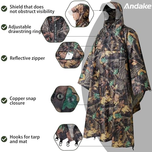 Andake Waterproof Rain Poncho for Adults Unisex,230T Ripstop Polyester,Raincoat Gear with Transparent Viewing Window Outdoors - color: Camo