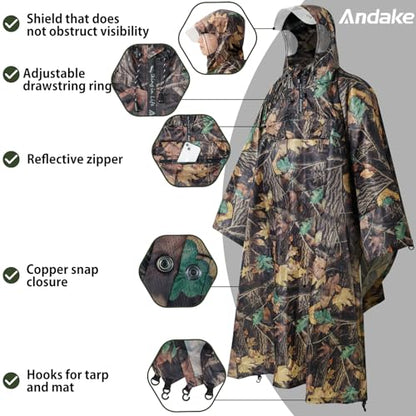 Andake Waterproof Rain Poncho for Adults Unisex,230T Ripstop Polyester,Raincoat Gear with Transparent Viewing Window Outdoors - color: Camo