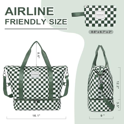 WOOMADA Weekender Bag for Women, Travel Duffel Bags with Shoe Compartment & Wet Pocket, Personal Item Bag for Airlines - color: Green Checkerboard