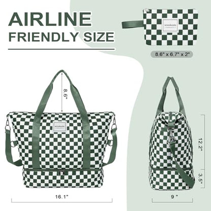 WOOMADA Weekender Bag for Women, Travel Duffel Bags with Shoe Compartment & Wet Pocket, Personal Item Bag for Airlines - color: Green Checkerboard