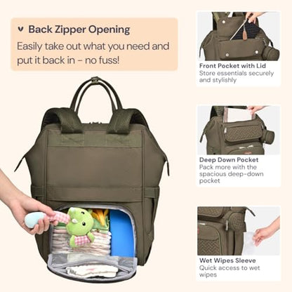 BabbleRoo Diaper Bag Backpack, Multifunction Nappy Changing Bag with Changing Pad, Stroller Straps & Pacifier Case, Unisex Stylish Travel Back Pack for Moms & Dads - Army Green - color: Army Green