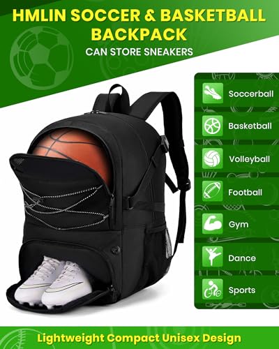 Hsmihair Basketball Backpack Large Sports Bag for Men&Youth,Gym Bag with Separate Ball & Shoes Compartment,Travel Bag for Basketball,Soccer,Volleyball - color: Black New