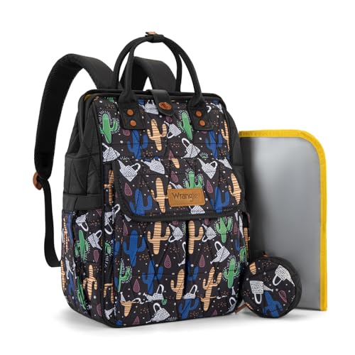 Montana West Wrangler Aztec Diaper Bag Backpack Western Backpacks for Moms Baby Essentials Bag with Twist-Lock Closure, Insulated Pockets, Portable Changing Pad, Stroller Straps, Pacifier Case - color: Black Cacti