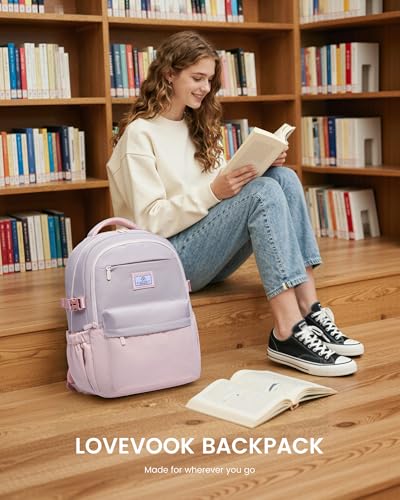 LOVEVOOK Laptop Backpack for Women Teens,College School Backpack with Tumbler Holder,15.6" Computer Bag,14 Pockets,Waterproof - color: Pink/Grey, size: 15.6inch
