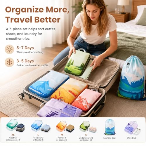 7-Piece Compression Packing Cubes for Travel, Patterned Expandable Luggage Organizer Bags with Double Zipper & Mesh Panel, Shoe Bag & Drawstring Bag for Carry-On, Vacation, Camping